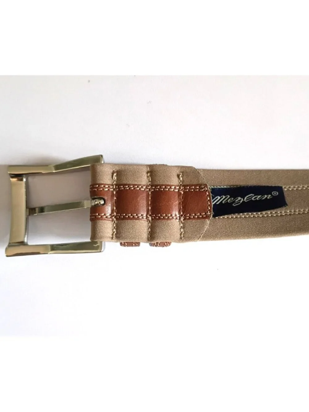 MEZLAN Men's Belt Two Tone Tan Leather Overlay on Beige Fabric Spain Casual - 38